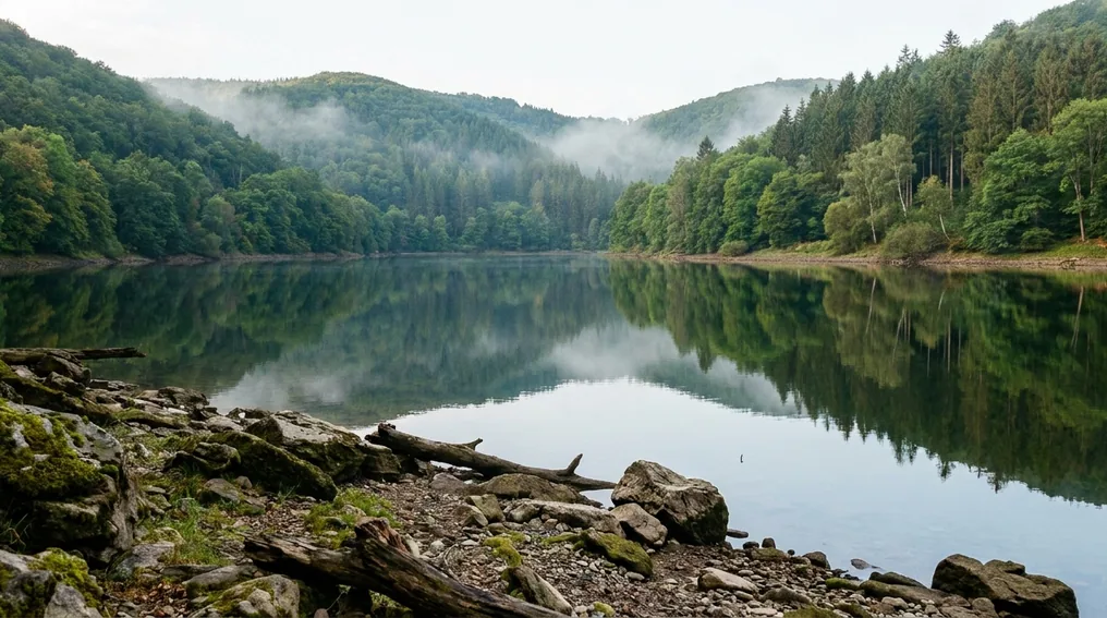 Der Edersee - große Talsperre im Kellerwald mit bewaldeten Ufern