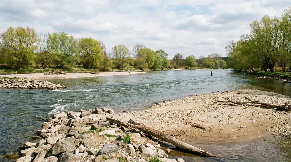 Die Elbe bei Riesa mit Buhnen und Kiesbänken