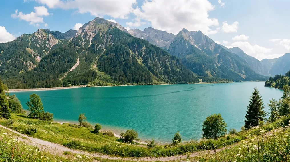 Der Forggensee bei Füssen vor der Allgäuer Alpenkulisse