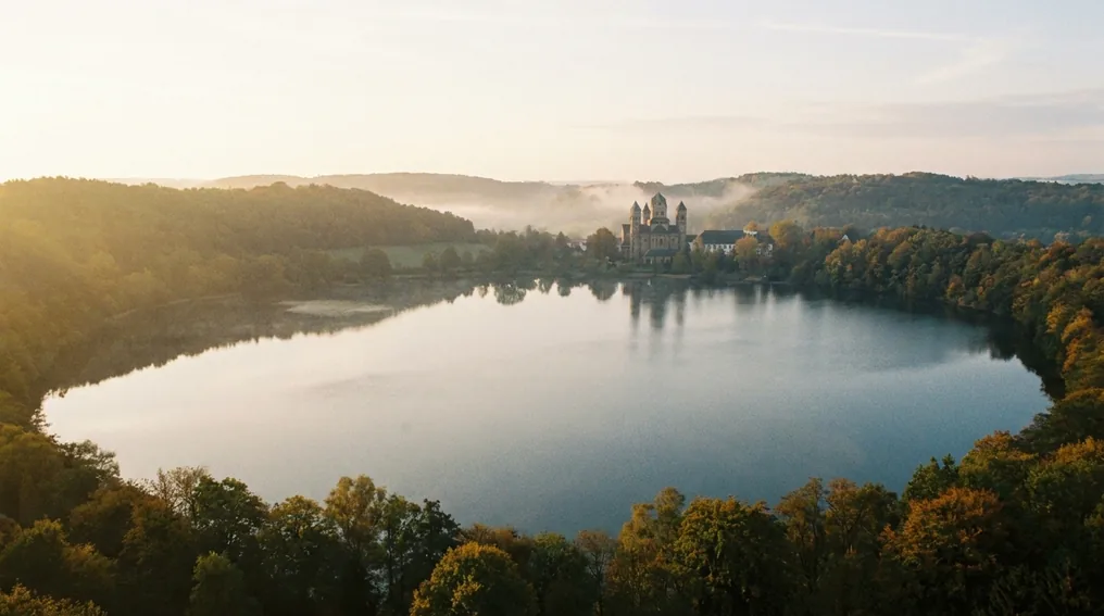 Der Laacher See in der Vulkaneifel mit der Abtei Maria Laach