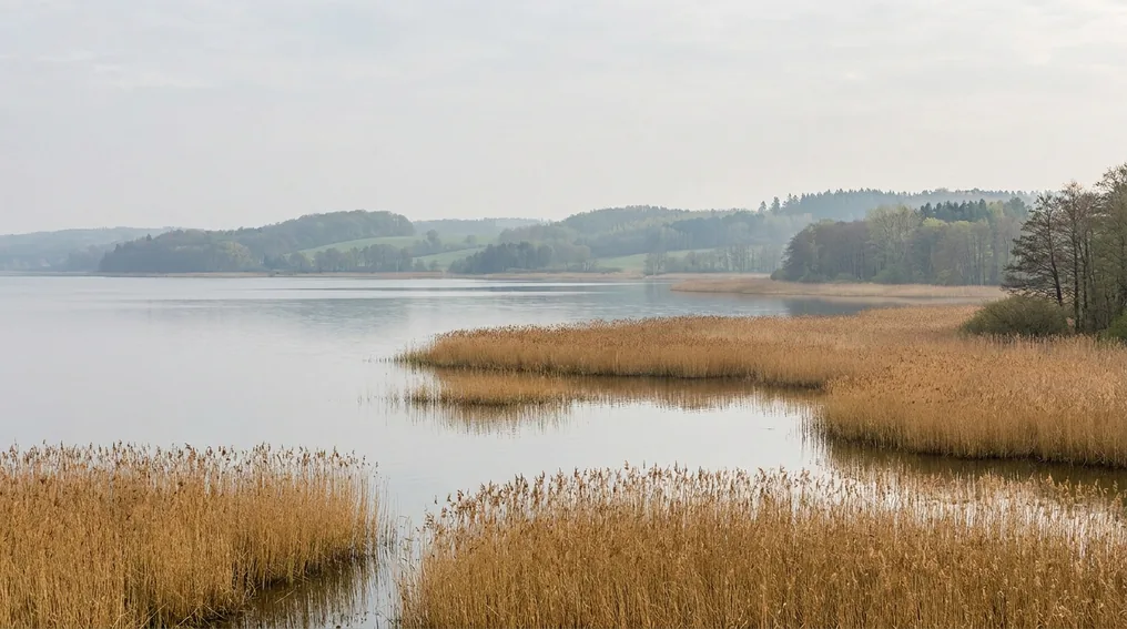 Der flache Malchiner See in der Mecklenburgischen Schweiz mit Schilfufer