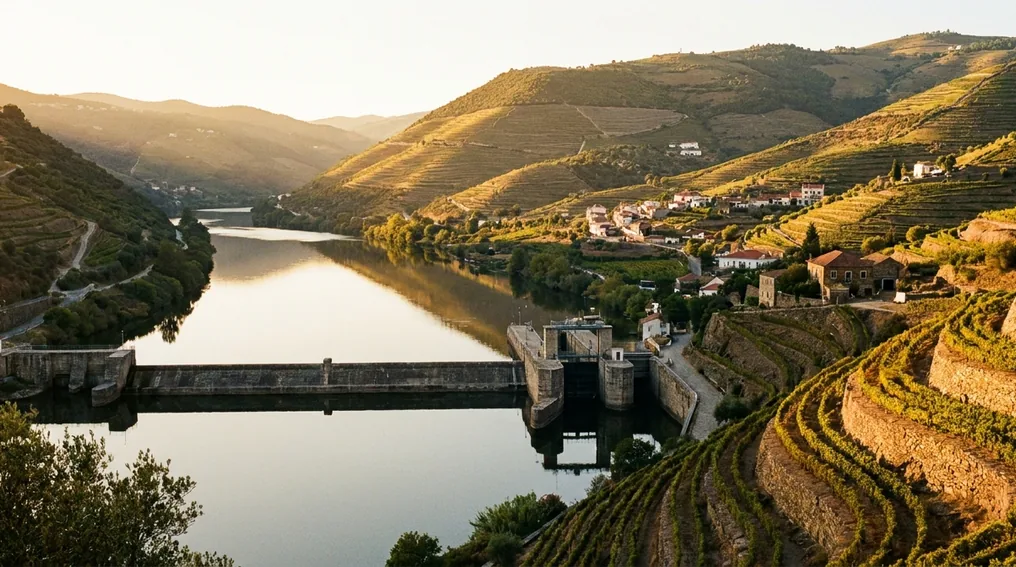 Der Neckar im mittleren Abschnitt mit Weinbergen und Staustufen