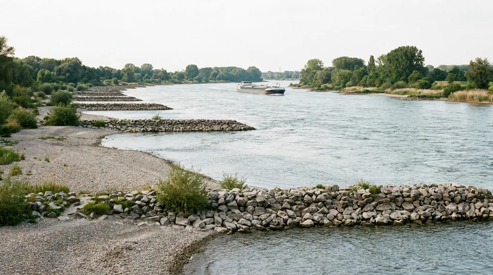 Der Rhein bei Karlsruhe mit Buhnenfeldern und Kiesufern