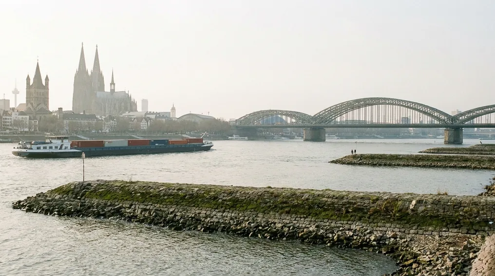 Der Rhein bei Köln mit Strom, Buhnen und Stadtkulisse