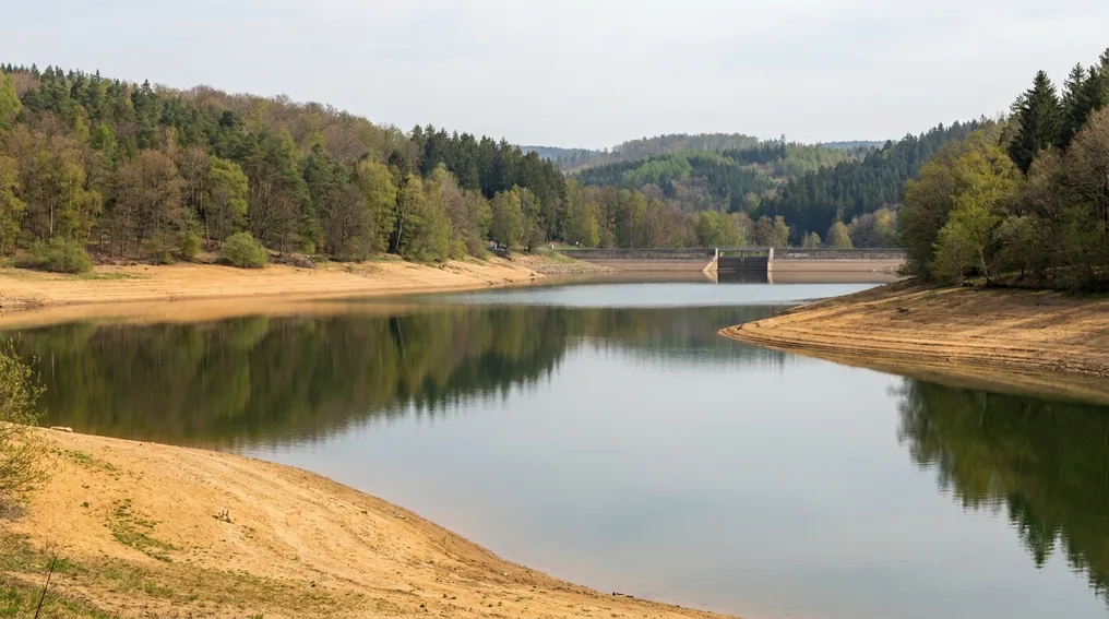 Der Stausee Hohenfelden im Weimarer Land mit sandigem Ufer
