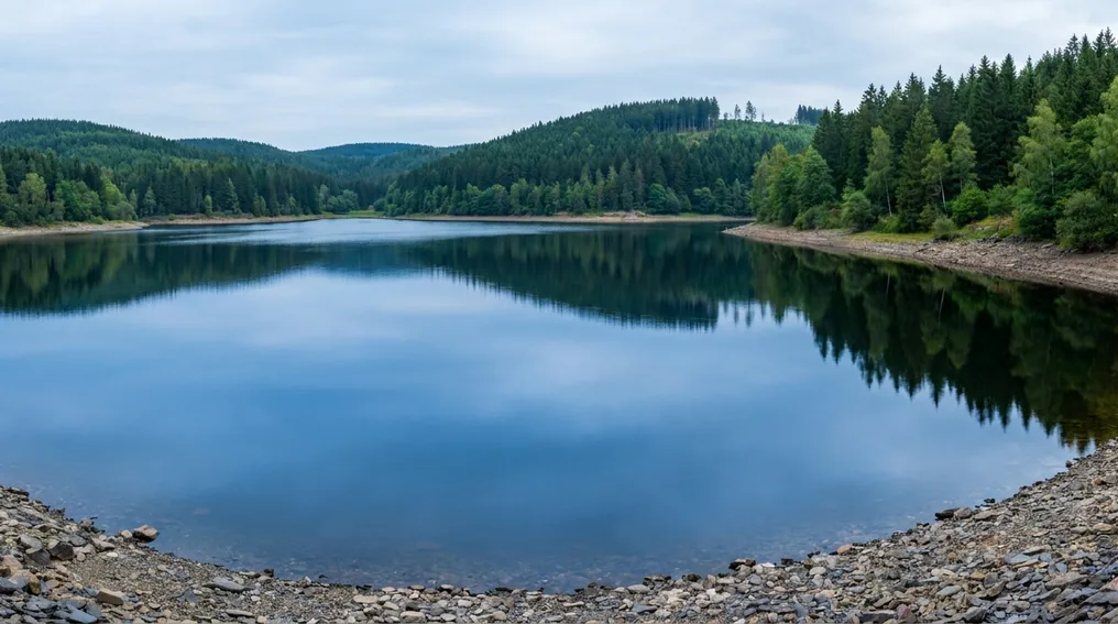 Die Talsperre Pöhl im Vogtland mit bewaldeten Ufern