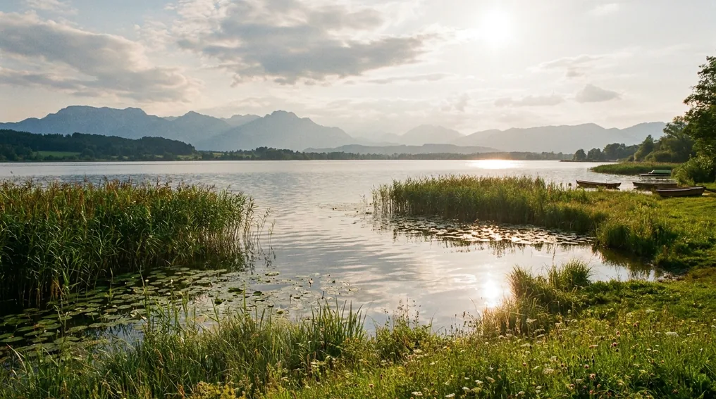Der Waginger See in Oberbayern vor der Chiemgauer Alpenkulisse
