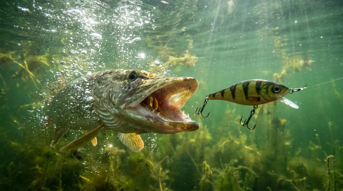 Ein Hecht schnappt unter Wasser nach einem Wobbler - Actionshot beim Raubfischangeln